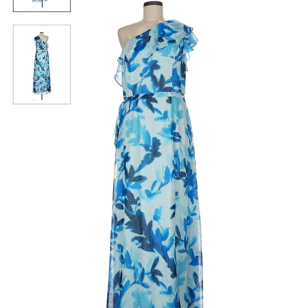 Adriana Papell, one shoulder blue and white floral chiffon maxi dress.